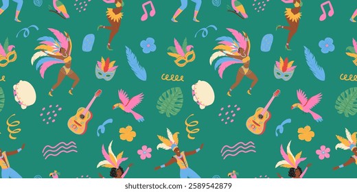 Brazilian carnival seamless pattern. Masks, tropical bird, dancing people, guitar, doodle elements. Modern vector illustration.