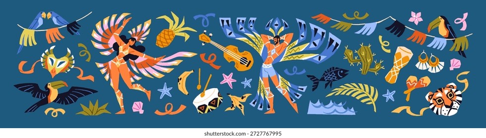 Conjunto de carnaval brasileño. Colorido festival de Elementos de Brasil. Latina Fiesta estadounidense de celebración de Brasil en Río. Vacaciones exóticas con bailarines, máscaras y maracas. Ilustraciones vectoriales aisladas planas