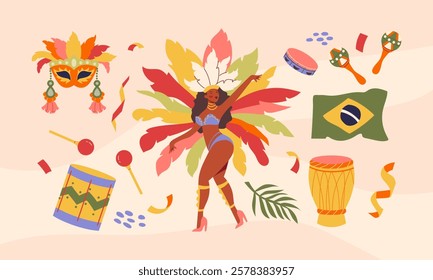 Brazilian Carnival. Set of hand-drawn stickers