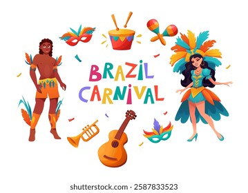 Brazilian Carnival. Set of hand-drawn stickers: Carnival Mask, musical instruments, dancer. Vector  illustration Carnival in Rio de Janeiro.