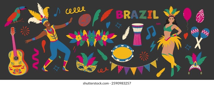 Brazilian carnival set. Masks, bird, dancing people in costume, guitar, garland. Trendy collection.