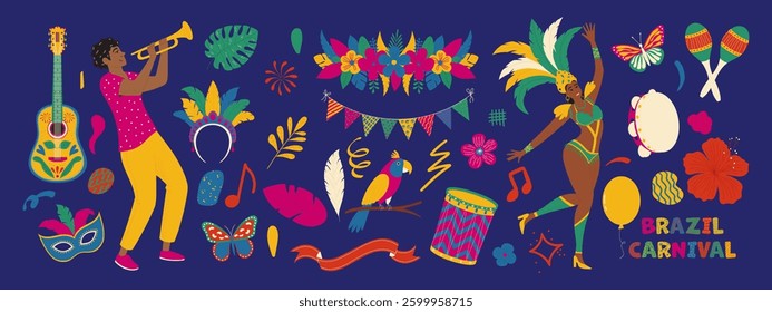 Brazilian carnival set. Masks, exotic bird, dancing people, guitar, flowers. Modern vector illustration.