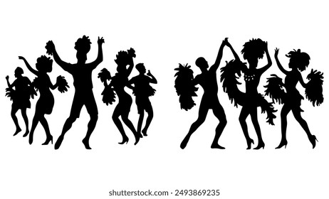 Brazilian carnival, silhouettes of people dancing in boas and feathers. Vector minimalistic monochrome drawing of national traditions and celebration