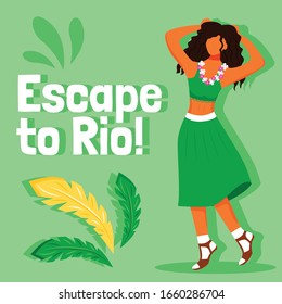 Brazilian carnival social media post mockup. Escape to Rio phrase. Web banner design template. Exotic country trip booster, content layout with inscription. Poster, print ads and flat illustration