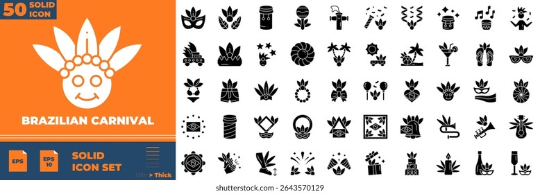 Brazilian Carnival Solid Editable Icons set. Vector illustration in modern thin solid style of brazilian carnival icons: flower, fireworks, confetti, etc