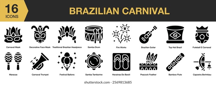 Brazilian Carnival solid icon set. Includes carnival, festival, brazilian, celebration, party, dance, event, and More. Solid icons vector collection.