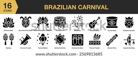 Brazilian Carnival solid icon set. Includes carnival, festival, brazilian, celebration, party, dance, event, and More. Solid icons vector collection.