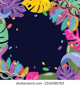 Brazilian carnival template with masquerade mask, leaves and confetti. Empty space for the text