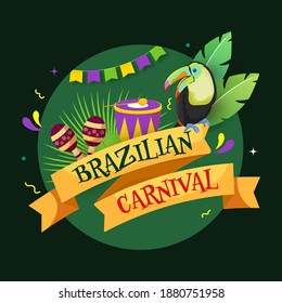 Brazilian Carnival Text Ribbon With Cartoon Toucan Bird, Leaves And Music Instrument On Green Background.