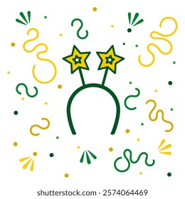 Brazilian carnival tiara in green and yellow colors. Festive flat illustration. Cultural, party, celebration, fun festival concept. Editable EPS vector.