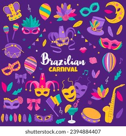 Brazilian Carnival traditional symbols set. Decorative elements for Mardi Gras, Venetian festival. Masquerade masks, feathers, musical instruments. Flat vector isolated illustrations.