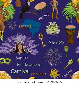 Brazilian Carnival. Vector colorful background. Seamlees pattern. Bright dancers, costumes, parrot, markas, samba and other