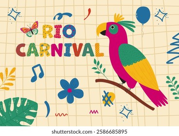 Brazilian carnival vector poster. Exotic parrot with doodle elements. Trendy hand drawn illustration.