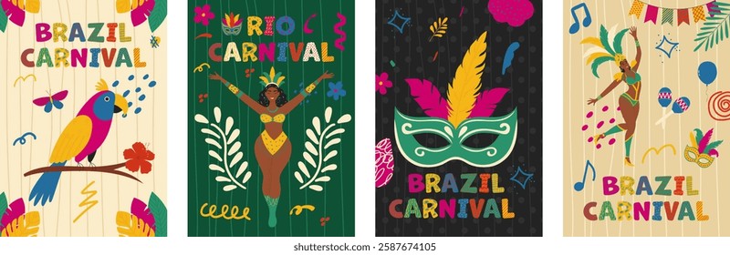 Brazilian carnival vector poster set. Dancing people and exotic birds. Trendy hand drawn illustration.