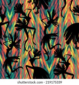 Brazilian Carnival. Vector seamless pattern with dancing women in costumes of feathers. Bright and cheerful.