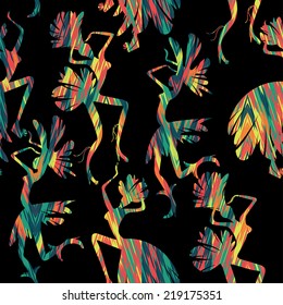 Brazilian Carnival. Vector seamless pattern with dancing women in costumes of feathers. Bright and cheerful. 