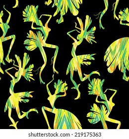 Brazilian Carnival. Vector seamless pattern with dancing women in costumes of feathers. Bright and cheerful.