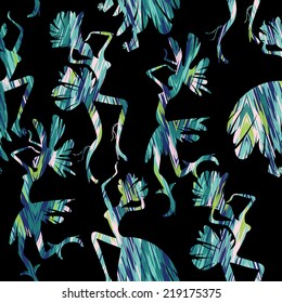 Brazilian Carnival. Vector seamless pattern with dancing women in costumes of feathers. Bright and cheerful.