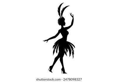 Brazilian Carnival Woman Black Vector Silhouette Isolated on White background, Caucasian Woman Samba Dancer Silhouette.