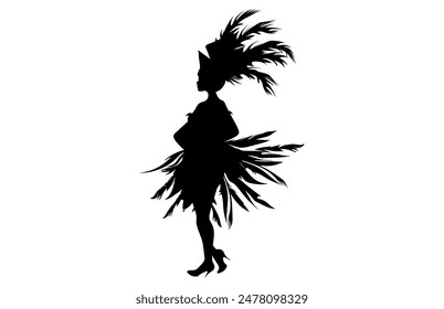 Brazilian Carnival Woman Black Vector Silhouette Isolated on White background, Caucasian Woman Samba Dancer Silhouette.