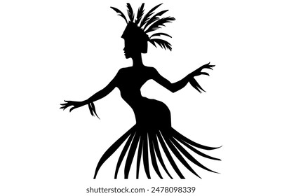 Brazilian Carnival Woman Black Vector Silhouette Isolated on White background, Caucasian Woman Samba Dancer Silhouette.