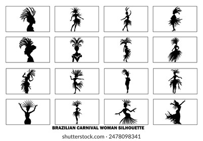 Brazilian Carnival Woman Black Vector Silhouette Isolated on White background, Caucasian Woman Samba Dancer Silhouette.