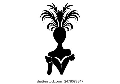 Brazilian Carnival Woman Black Vector Silhouette Isolated on White background, Caucasian Woman Samba Dancer Silhouette.