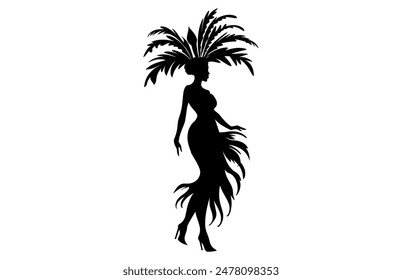 Brazilian Carnival Woman Black Vector Silhouette Isolated on White background, Caucasian Woman Samba Dancer Silhouette.