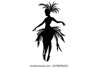 Brazilian Carnival Woman Black Vector Silhouette Isolated on White background, Caucasian Woman Samba Dancer Silhouette.