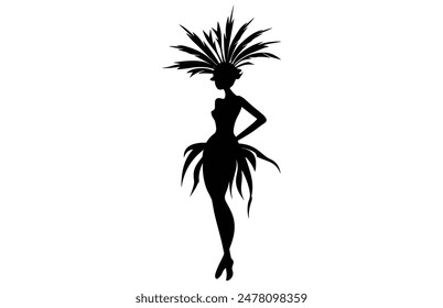 Brazilian Carnival Woman Black Vector Silhouette Isolated on White background, Caucasian Woman Samba Dancer Silhouette.