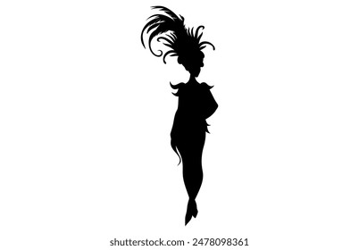 Brazilian Carnival Woman Black Vector Silhouette Isolated on White background, Caucasian Woman Samba Dancer Silhouette.