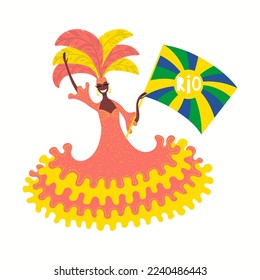 Brazilian carnival woman flag bearer in costume, dress, feathers, isolated on white. Hand drawn character vector illustration. Rio de Janeiro carnival concept, design element for poster, flyer, banner