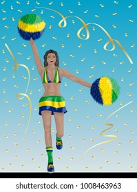 Brazilian Cheerleader of Brazil Fans. Cheerleader girl, confetti papers and background are in different layers.
