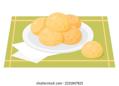 Brazilian cheese bread. Popular snack and breakfast food. Traditional brazilian recipe. Small or cheese bun - Pao de queijo. Vector illustration of Latin American national dish 