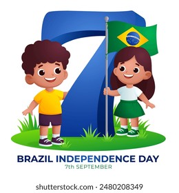 Brazilian child with number 7 and waving Brazilian flag celebrate brazil independence day.  Translation: order and progress