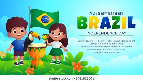 Brazilian children celebrate Brazil Independence Day with tropical grass, toucan birds, and waving flags. Translation : order and progress