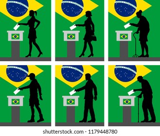 Brazilian citizens silhouette voting for election in Brazil. All the silhouette objects and backgrounds are in different layers.