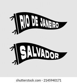 Brazilian city pennants of the Rio de Janeiro, Salvador. Retro colors labels. Vintage hand drawn wanderlust style. Isolated on white background. Good for t shirt, mug, other identity. 