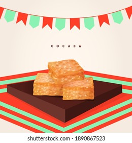 Brazilian cocada (brown coconut candy) placed in a wooden board with colored tablecloth, selective focus. Vector illustration.