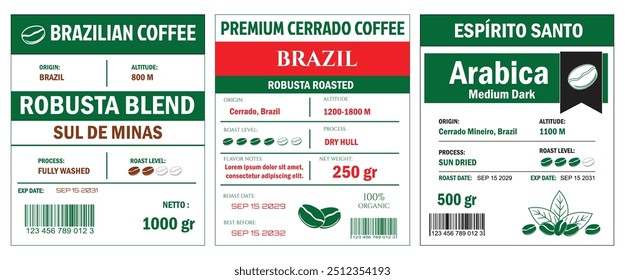 Brazilian Coffee Labels template simple flat style in cmyk mode with two tone color.