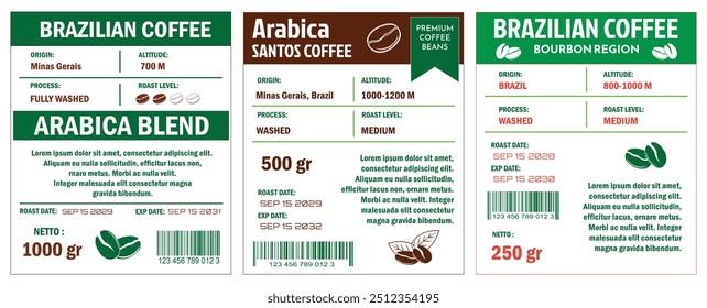 Una ilustración de Plantilla de etiquetas de café, mostrando Robusta Blend y Arabica Grade Beans en modo cmyk con color bicolor. Las etiquetas detallan varios atributos del café como origen, altitud, carreteras