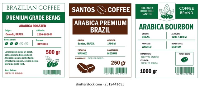 Uma ilustração do modelo de etiquetas de café, mostrando Robusta Blend e Arabica Grade Beans no modo cmyk com duas cores de tom. Os rótulos detalham vários atributos do café, como origem, altitude, roas