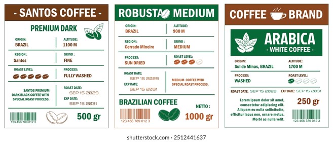 Uma ilustração do modelo de etiquetas de café, mostrando Robusta Blend e Arabica Grade Beans no modo cmyk com duas cores de tom. Os rótulos detalham vários atributos do café, como origem, altitude, roas