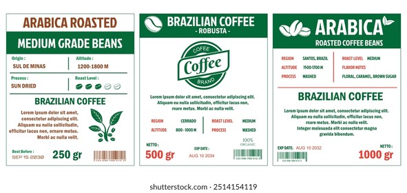 Uma ilustração de modelo de etiquetas de café, estilo simples plana no modo cmyk com cor de dois tons. Os rótulos detalham vários atributos do café, como origem, altitude, nível de torrefação, processo e peso líquido