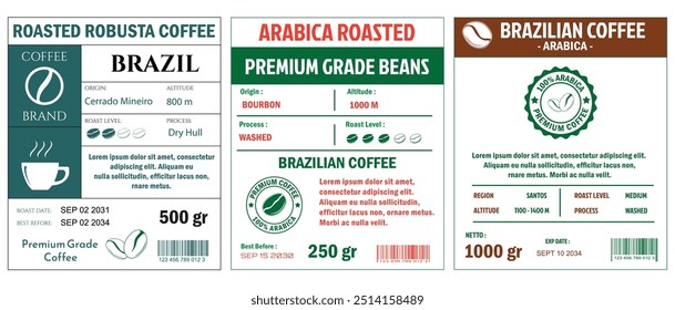 Uma ilustração de modelo de etiquetas de café, estilo simples plana no modo cmyk com cor de dois tons. Os rótulos detalham vários atributos do café, como origem, altitude, nível de torrefação, processo e peso líquido