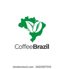Brazilian coffee logo design vector. Brazil map vector with leaf and coffee bean logo icon symbol.
