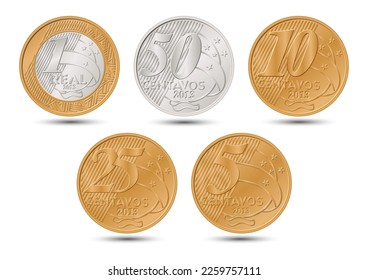 Brazilian coins set. Real and cents coins. Reverse on white background.