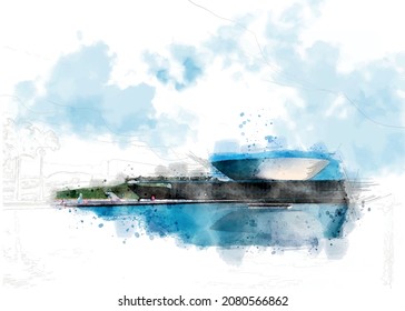 Brazilian Congress building, Brasilia - Brazil. Digital illustration in watercolor style with copy space.