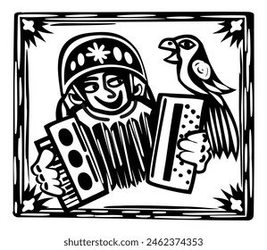 Brazilian cordel style. Accordionist with parrot. Woodcut style.
