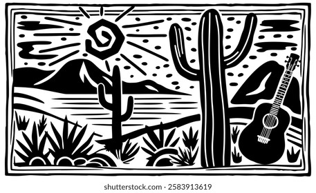 Brazilian cordel style. Landscape with cacti and guitar. Vector woodcut monochrome illustration.